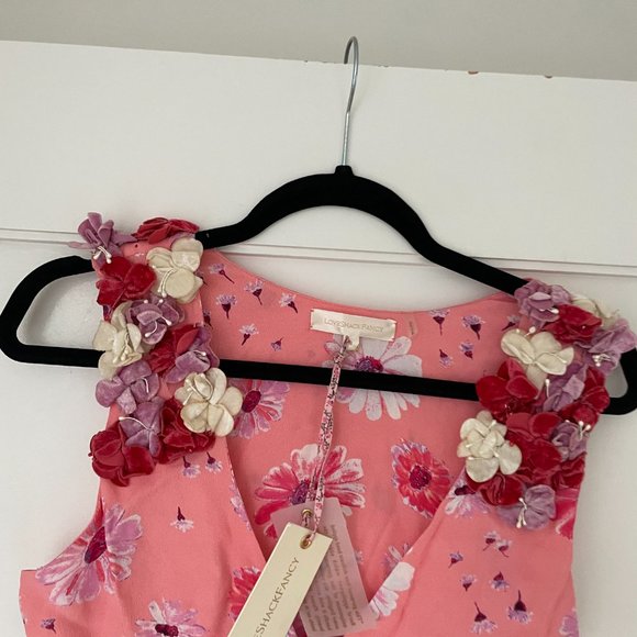 LoveShackFancy Shayna Mini Dress Daisy Print Flower Applique Tiered Skirt V-neck - Picture 9 of 13